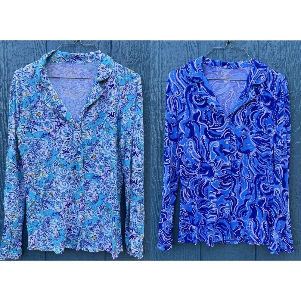 LILLY PULITZER Ruffle PJ Button Up Top Coastal XS Lot Of 2